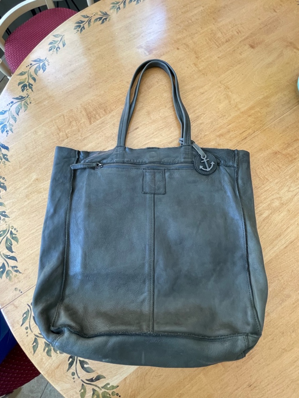 Olive green Leather Tote with Anchor Charm